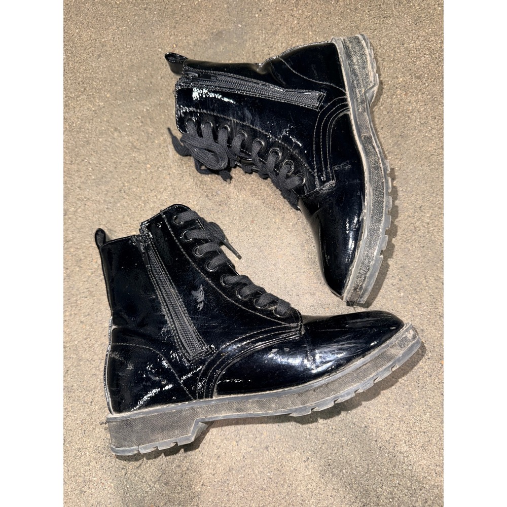 Kids Black Patent Faux Leather Lace Up Combat Boots Side Zip Size 2 - Picture 5 of 6